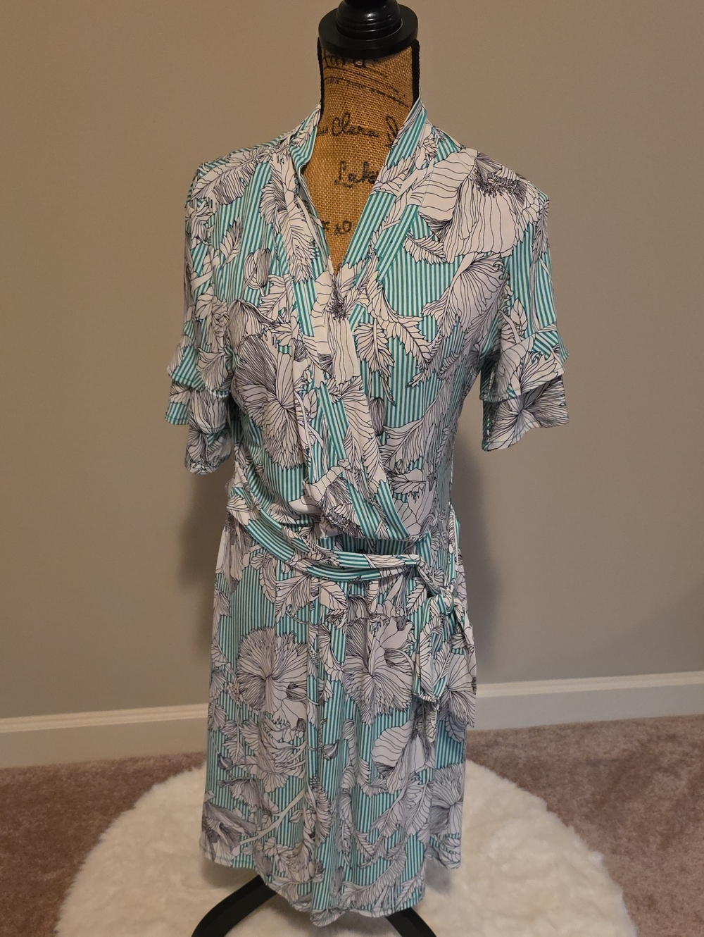 Claiborne Aqua and White Floral Stripe Dress